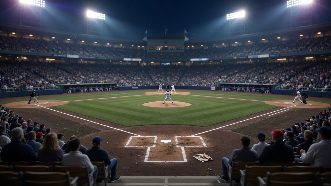 A night playoff game from behind home plate, chalk lines bright on the dirt.